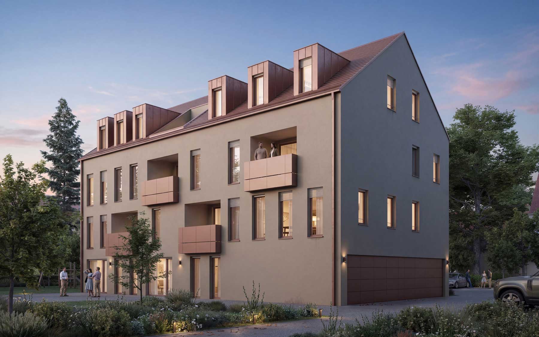 Stadthaus Rotkontur in Plattling, Außenansicht in der Dämmerung