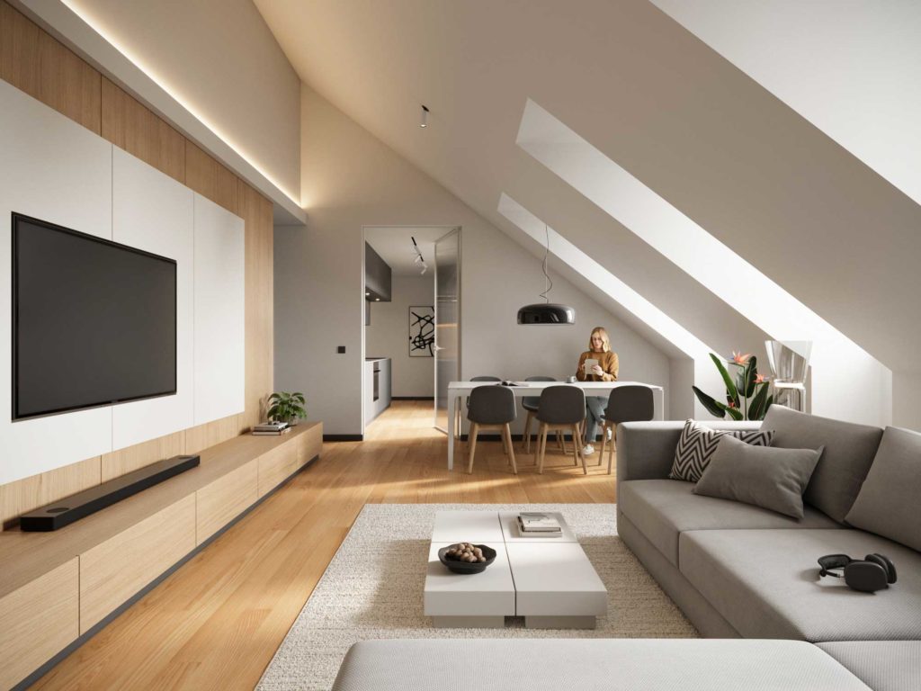 Visualisierung Wohnzimmer im Stadthaus Rotkontur